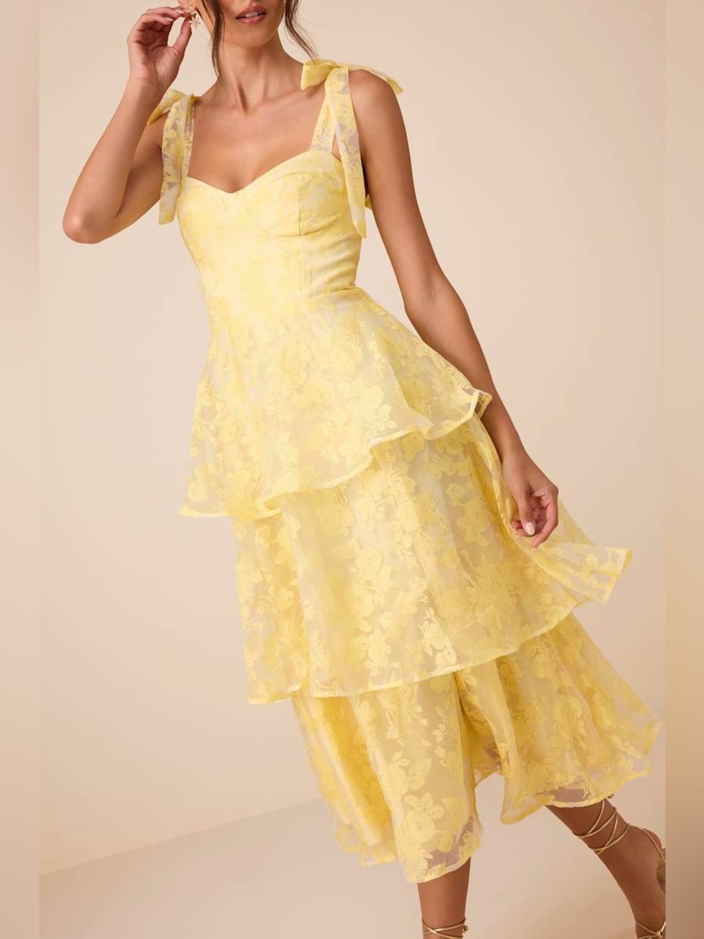 LULUS Floral Burnout Chiffon Sweetheart Bustier Tier Ruffle Fairycore Dress M - Picture 5 of 10